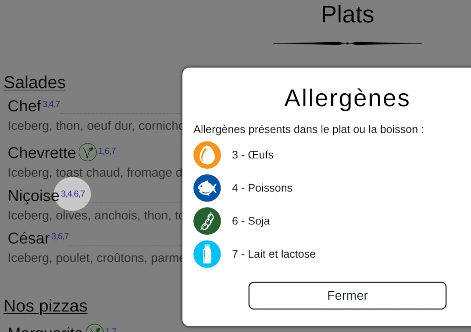 Menu en ligne - affichage des allergènes